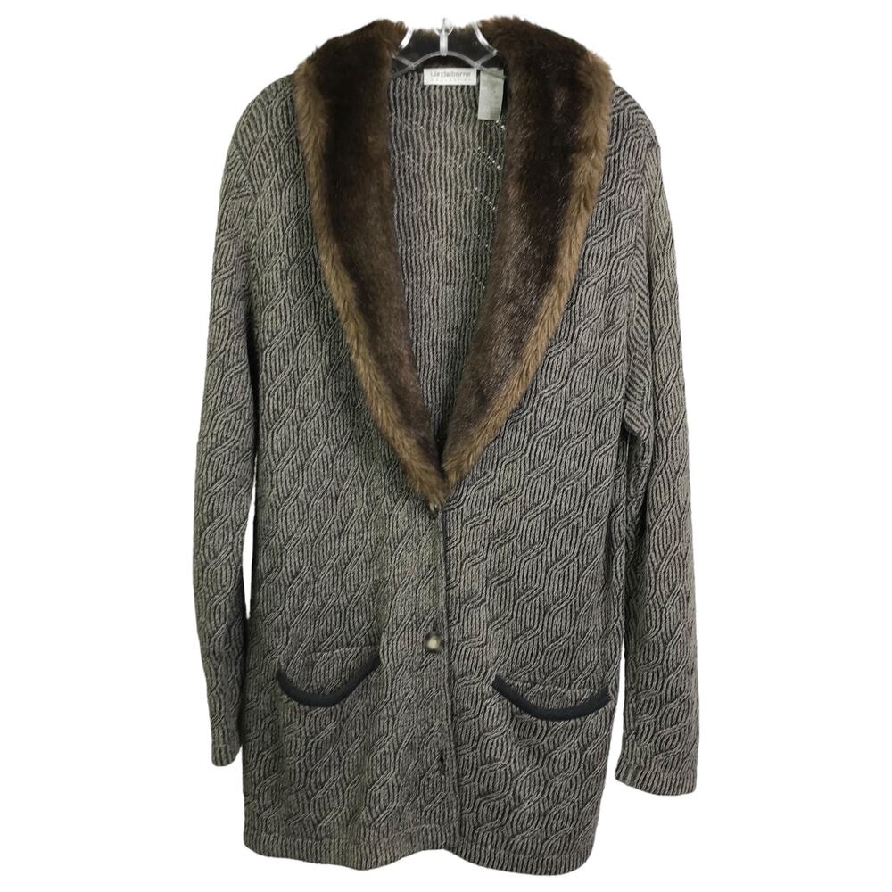 Liz‎ Claiborne Collection Cardigan Womens Sz M Black Faux Fur Collar Wool Jacket